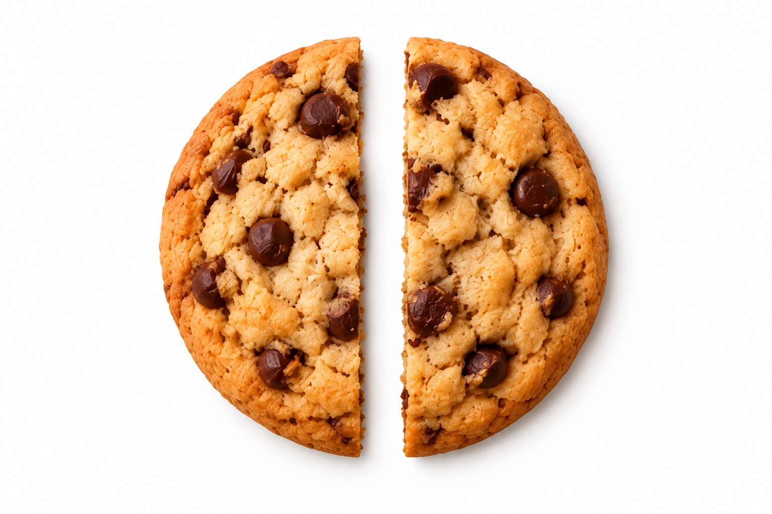 A chocolate chip cookie split into parts to help illustrate fractions for children.