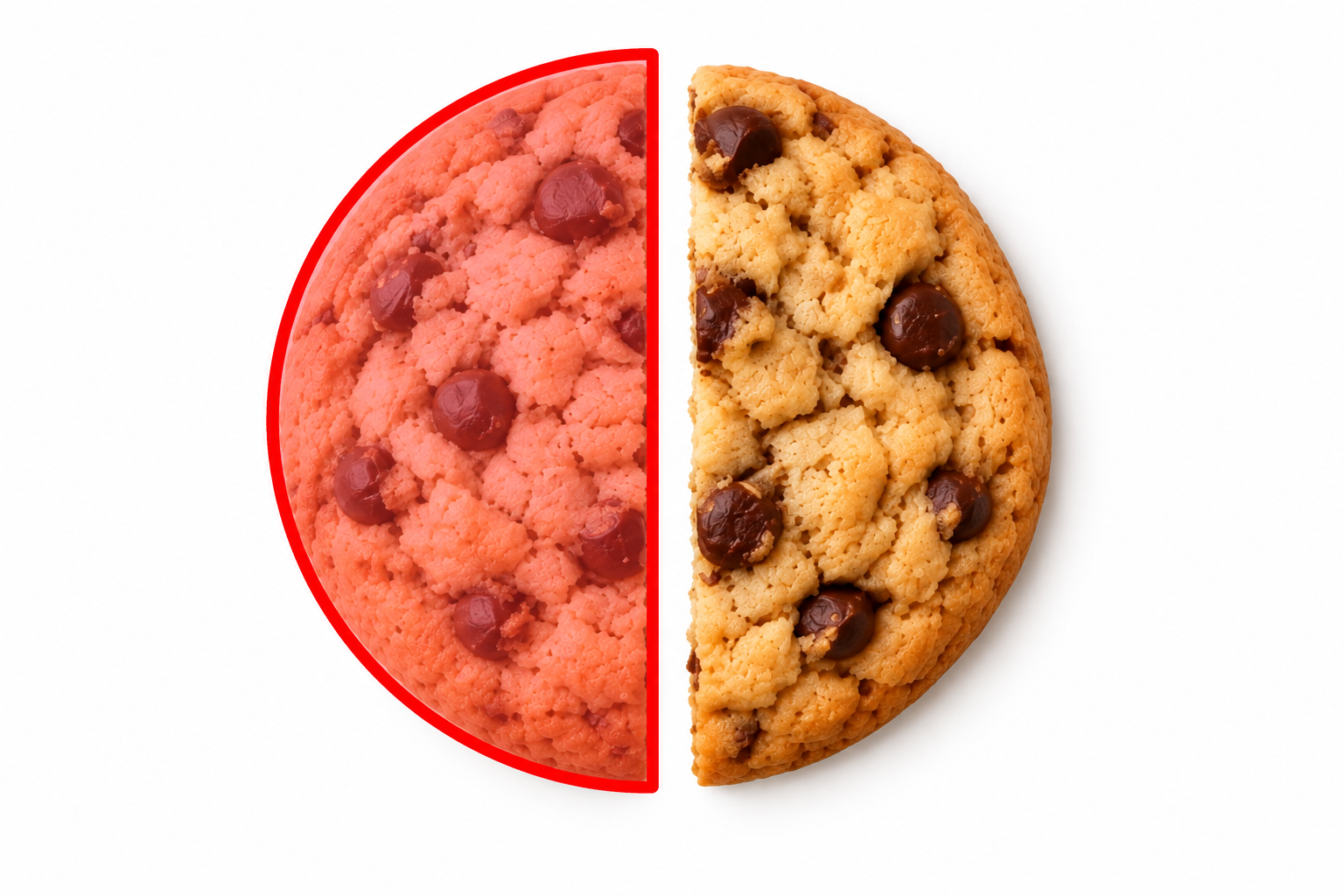 Two highlighted halves of a chocolate chip cookie showing one whole split into equal parts for a fractions lesson.