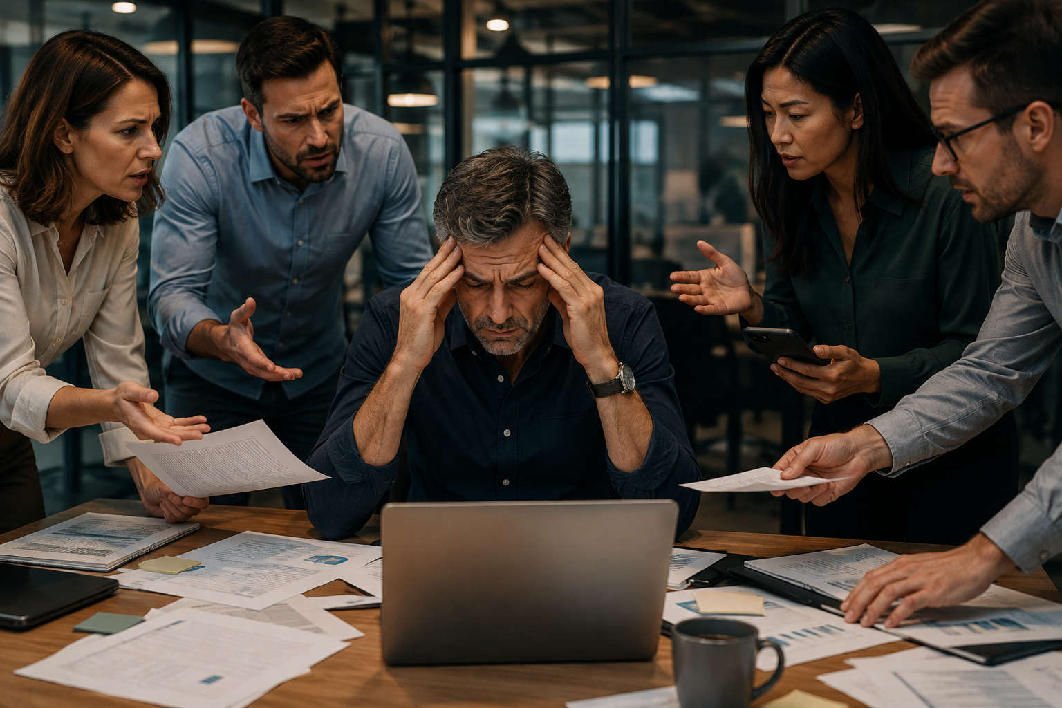 Leader overwhelmed while team members bring questions and problems