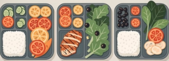 Three dinner trays with chicken, rice and vegetables, from the WTF's for Dinner lessons