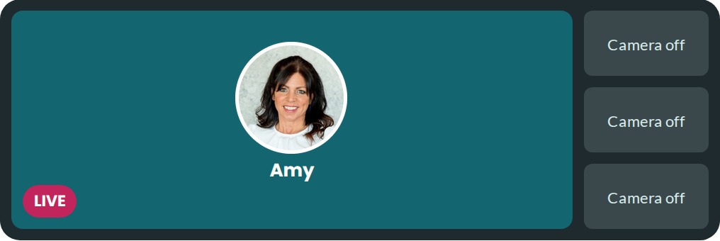 A live video call with Amy, cameras off for everyone else