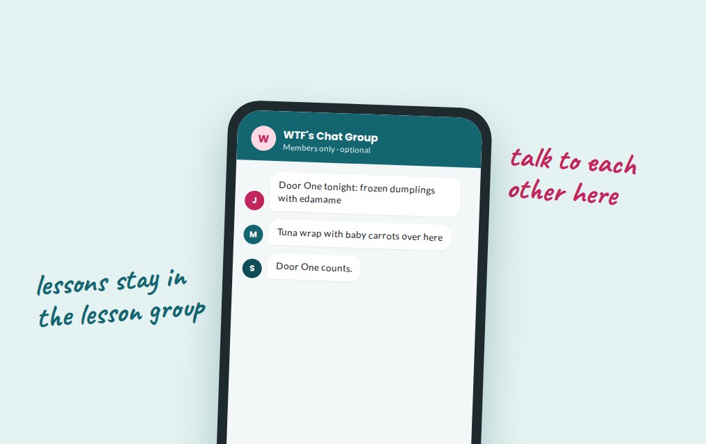 A phone showing the optional WTF's chat group, where members share their Door One dinners