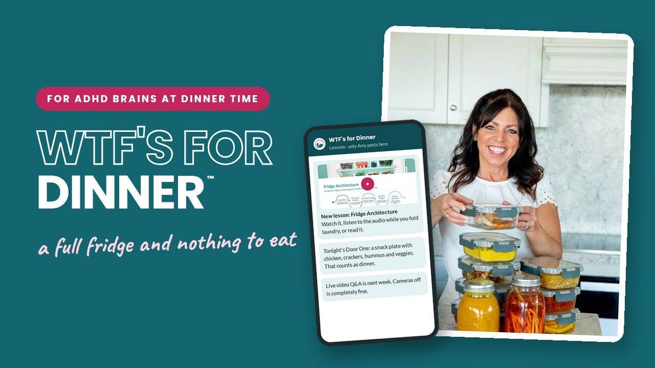 WTF's for Dinner: Amy Jones in her kitchen with a stack of glass containers, next to a phone showing the WhatsApp lesson group