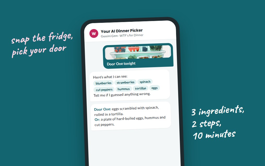 A phone showing the AI dinner picker: a fridge photo, the foods it spotted, and two Door One dinners