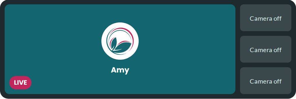 A live video call with Amy, cameras off for everyone else