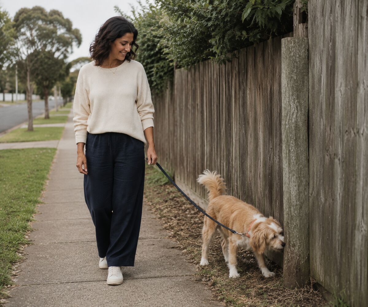 A dog sniffing a fence on an ordinary neighbourhood walk
