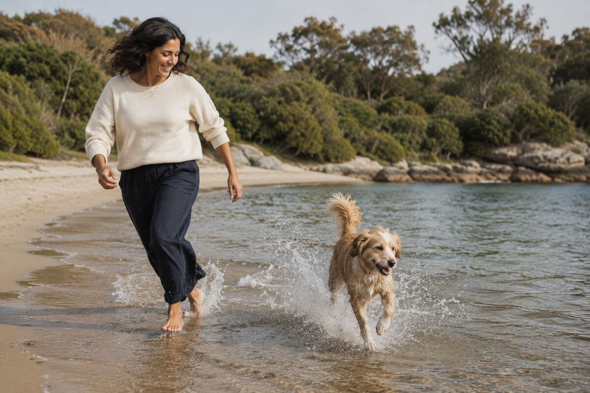 A woman and her dog running together through shallow water