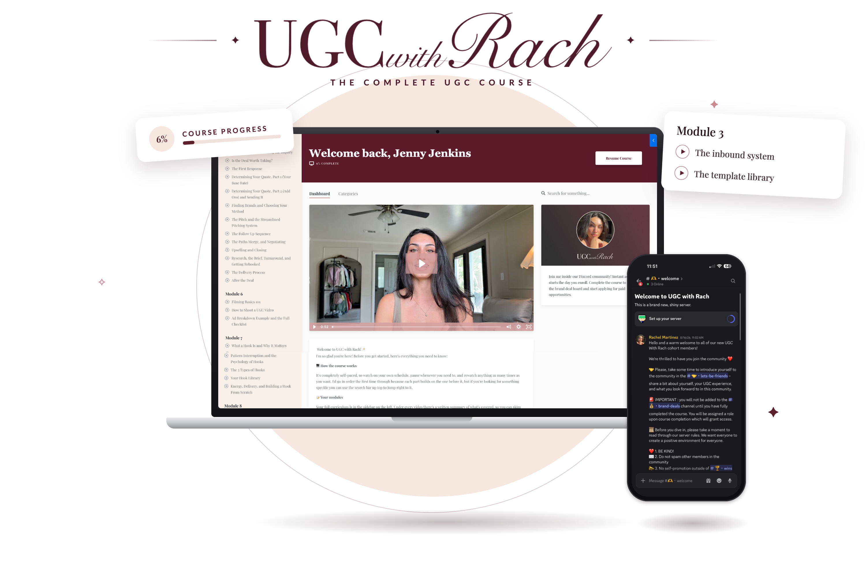 UGC With Rach course dashboard on laptop and community on phone