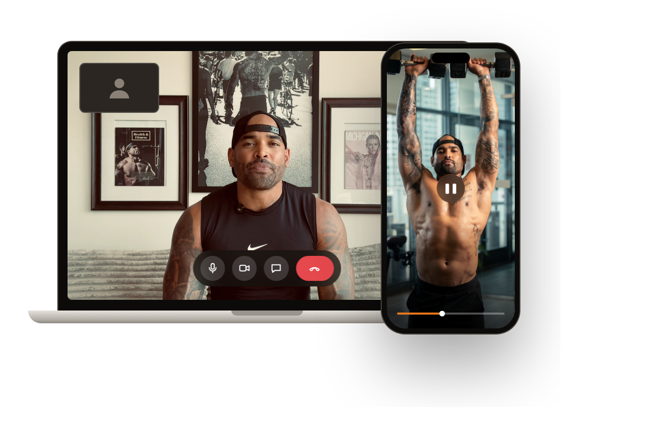 A laptop showing a weekly coaching call with Andre Tate' and a phone showing a workout video