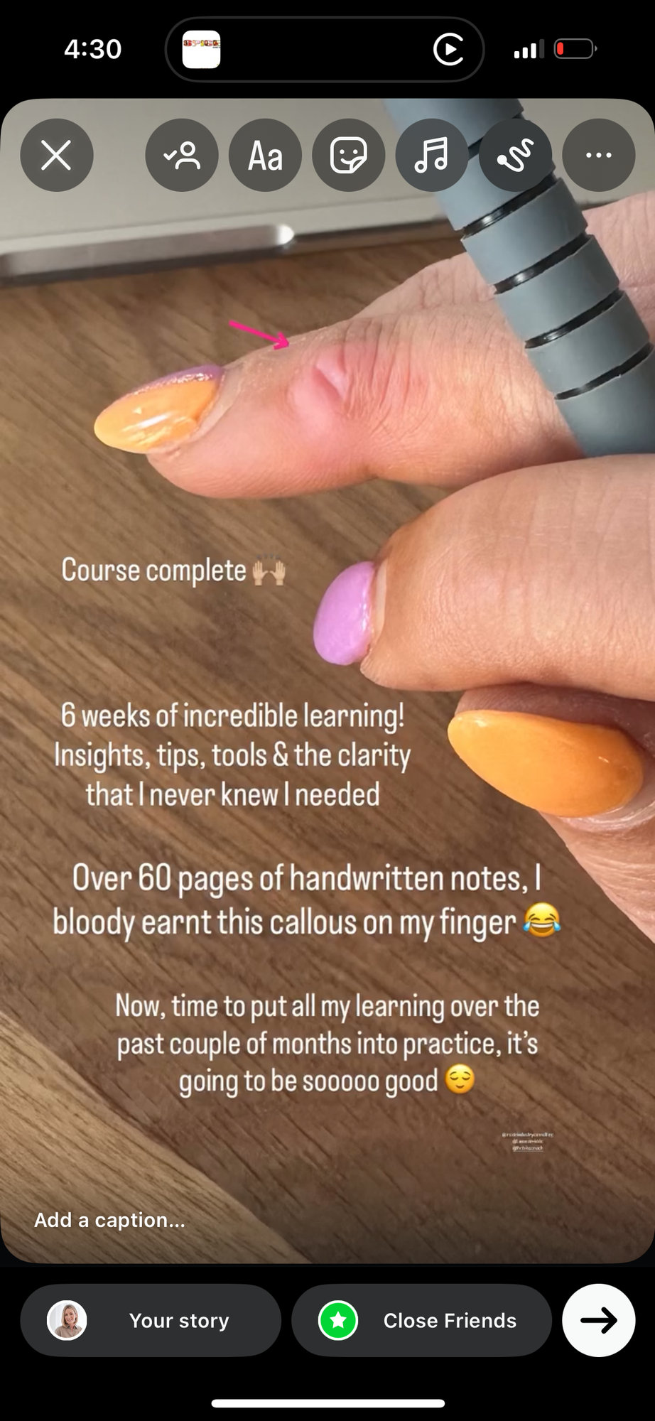 Instagram story from a student who completed the course