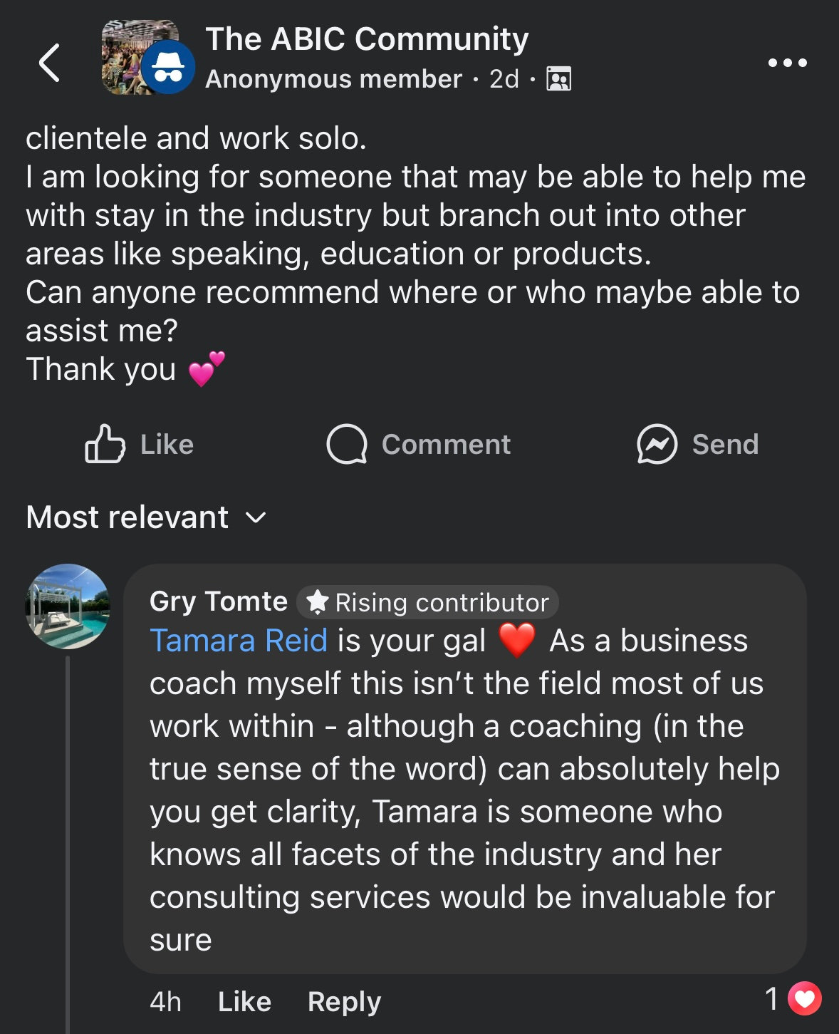Community recommendation for Tamara Reid