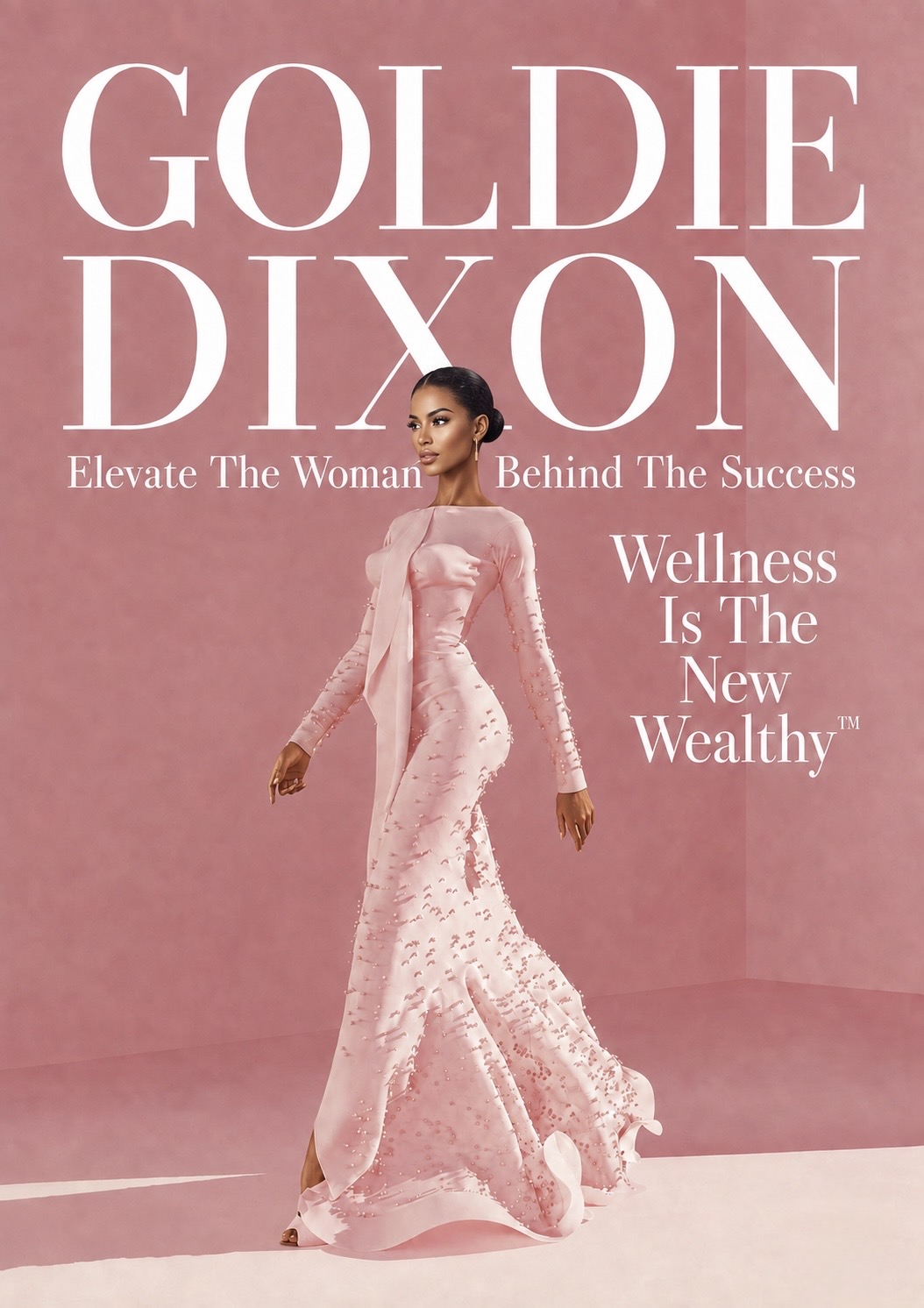 Goldie Dixon in a blush couture gown with the message Elevate The Woman Behind The Success