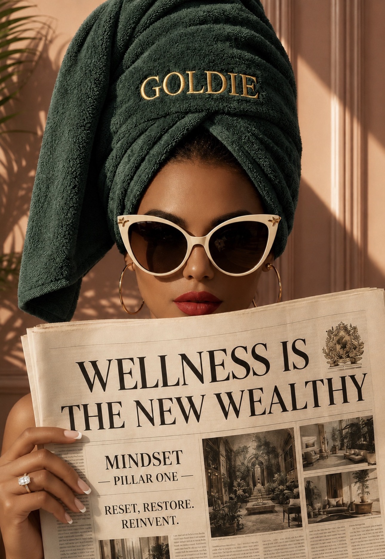 Woman in a deep green towel holding a newspaper that reads Wellness Is The New Wealthy