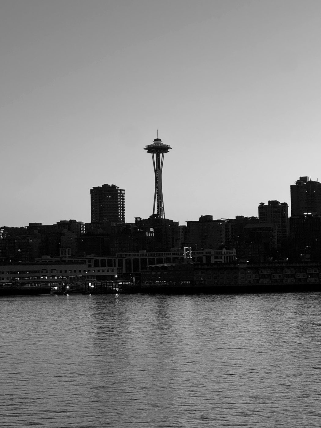 The Seattle skyline at dusk seen from the water.