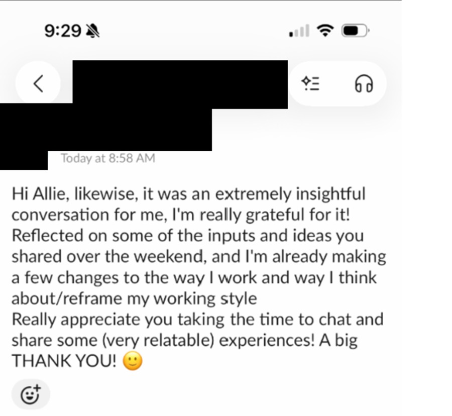 Message describing an insightful conversation and changes already being made to how she works.