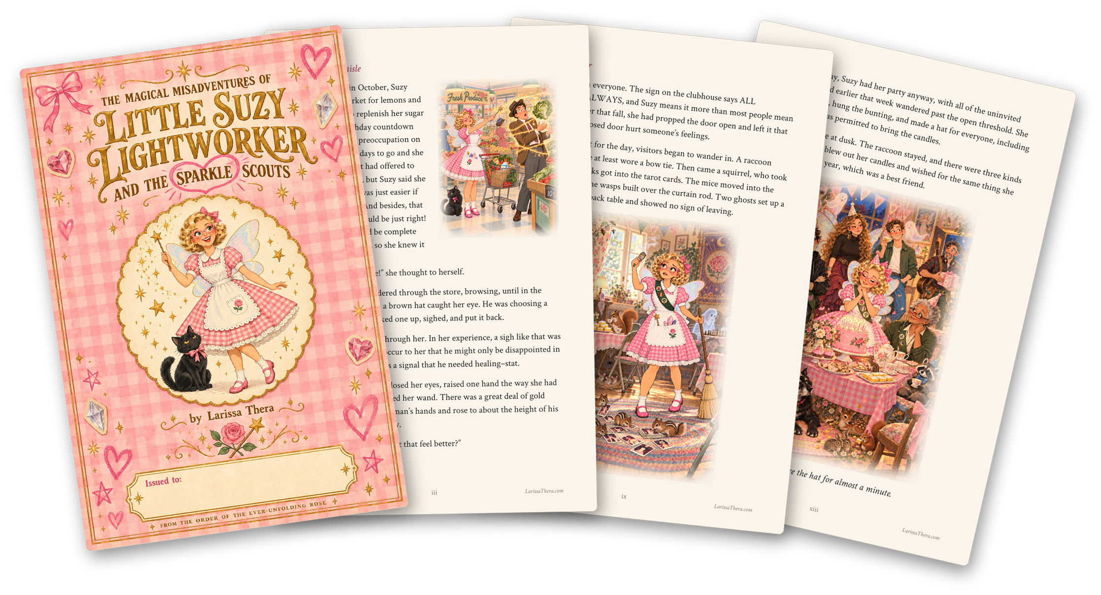 A fan of illustrated pages from Suzy Tests Her Spirit Guide