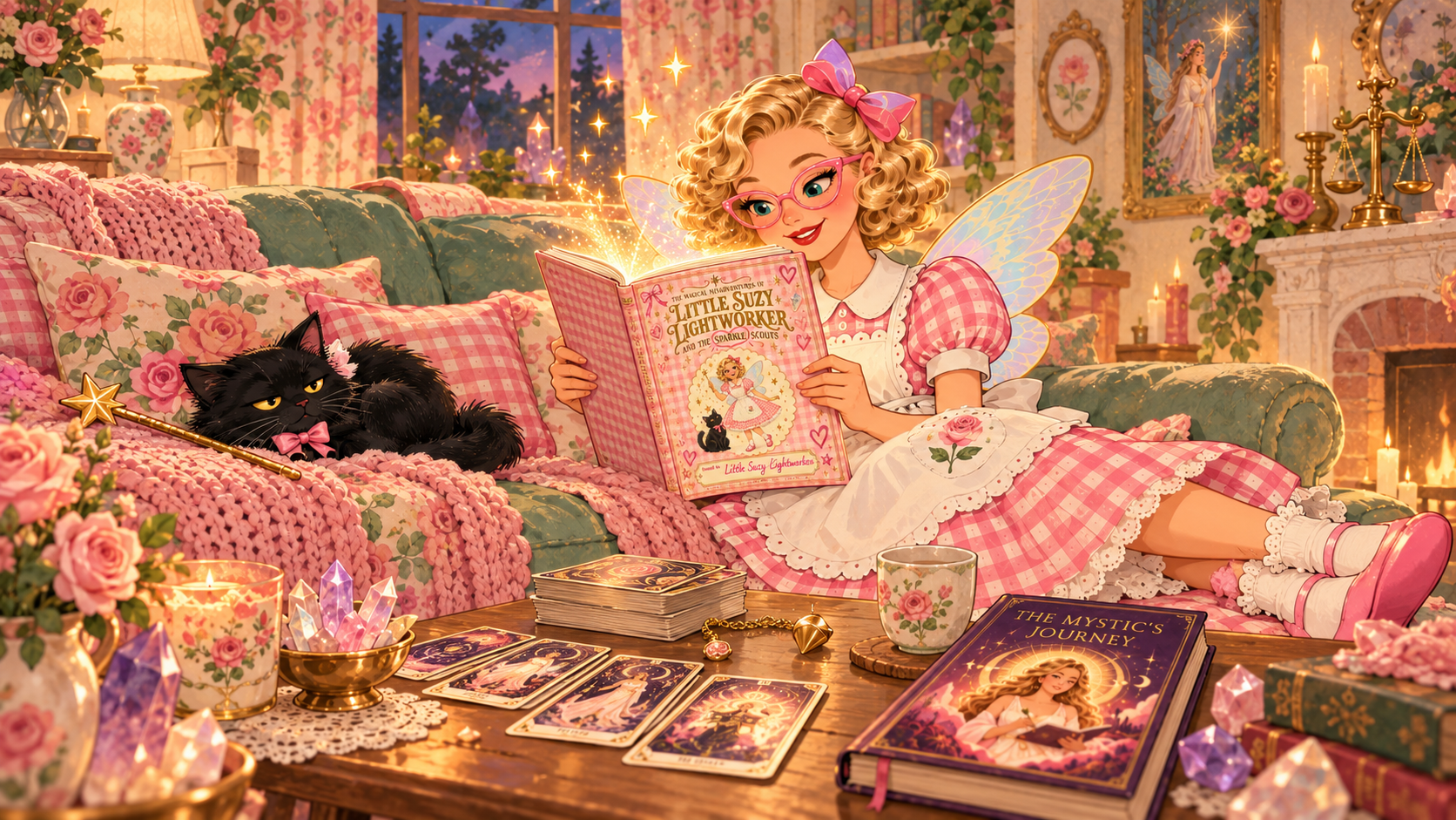 Little Suzy Lightworker reading her book on the sofa beside her black cat