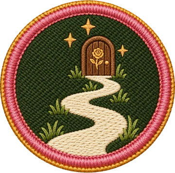 The Trail badge, an embroidered patch showing a cream trail winding up to a small door with a gold rose