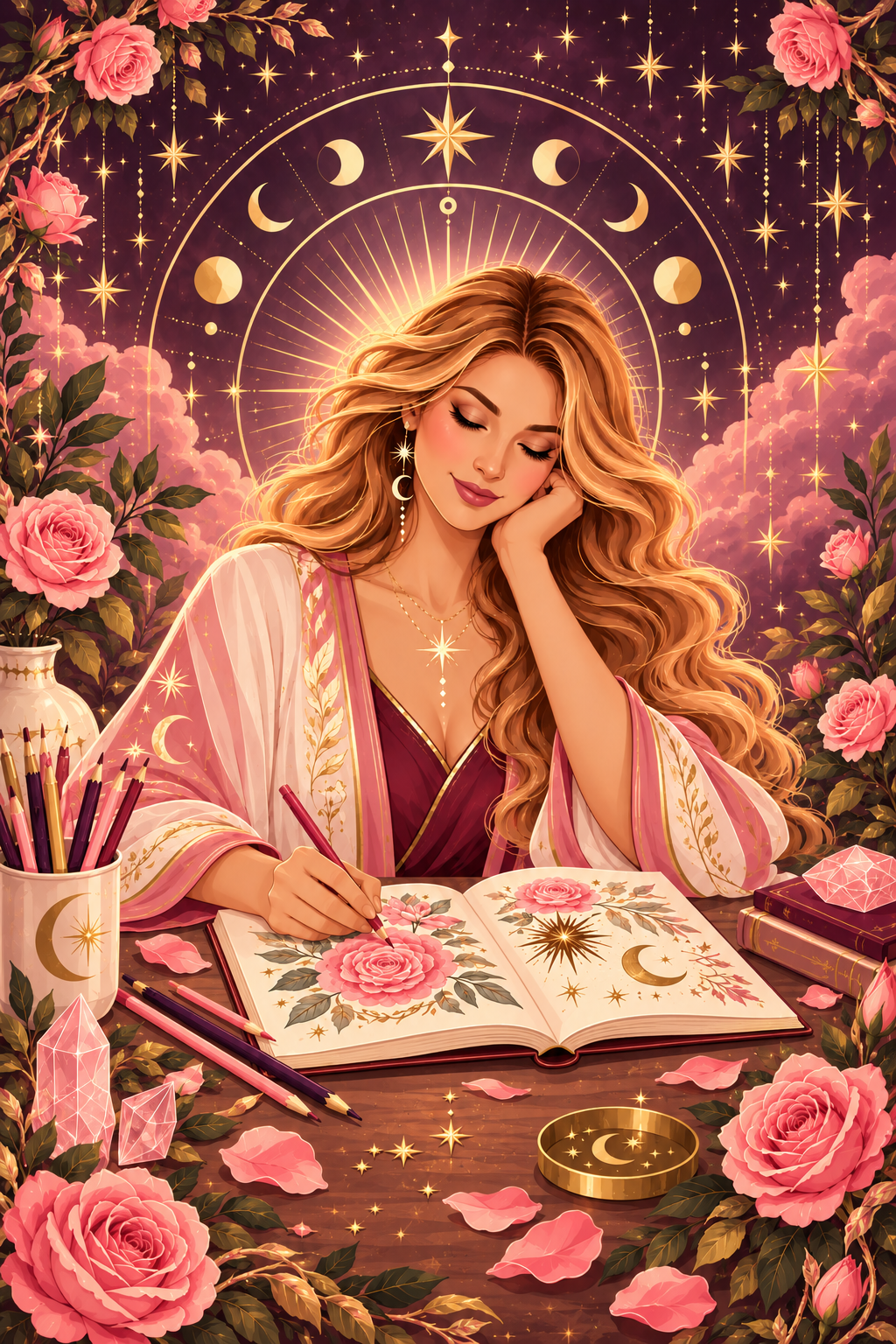 Illustration of a woman coloring a page of the tarot coloring book