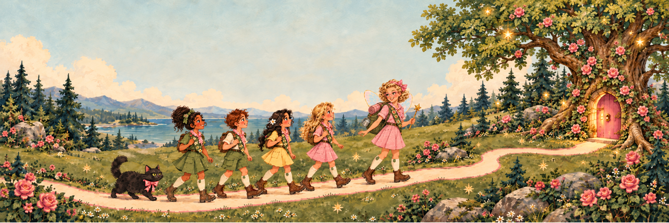 Suzy leads four Scouts and a black cat along a winding trail toward a little pink door in a great rose-covered tree