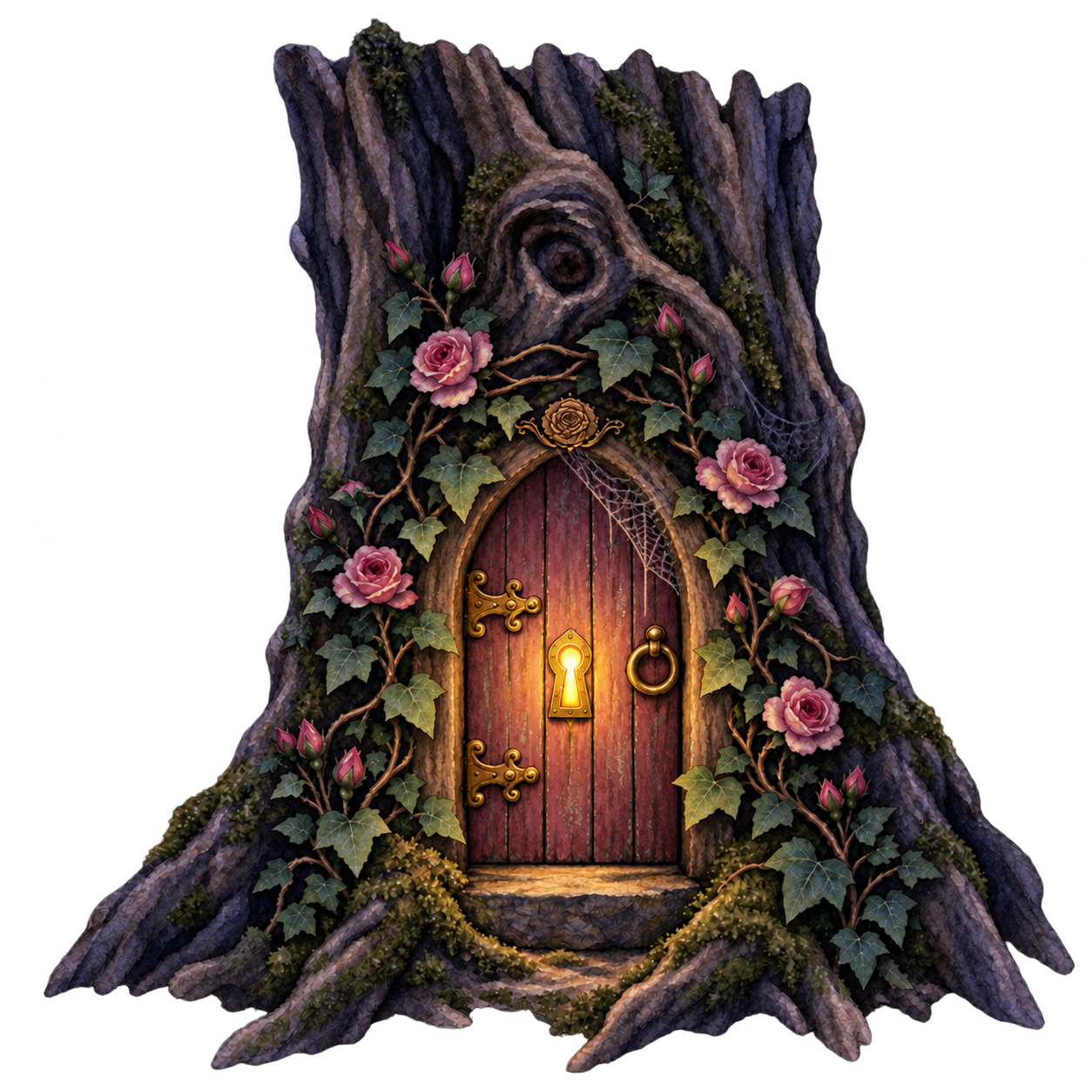 A small arched pink door with a glowing keyhole and a gold rose above it, set into a gnarled old tree stump wound with ivy, pink roses and cobwebs, in a misty moonlit autumn forest with glowing jack-o-lanterns