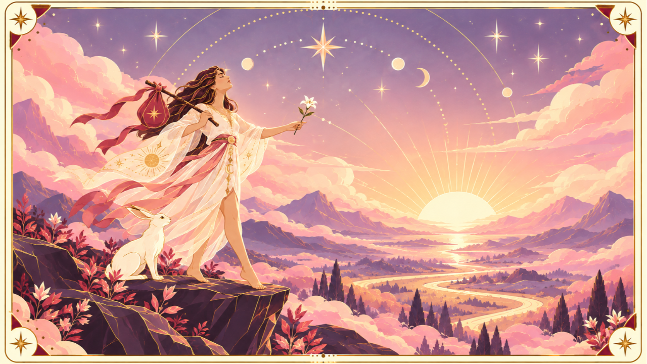 The Innocent, The Fool card: a woman at the edge of a cliff at sunrise, a white rabbit beside her