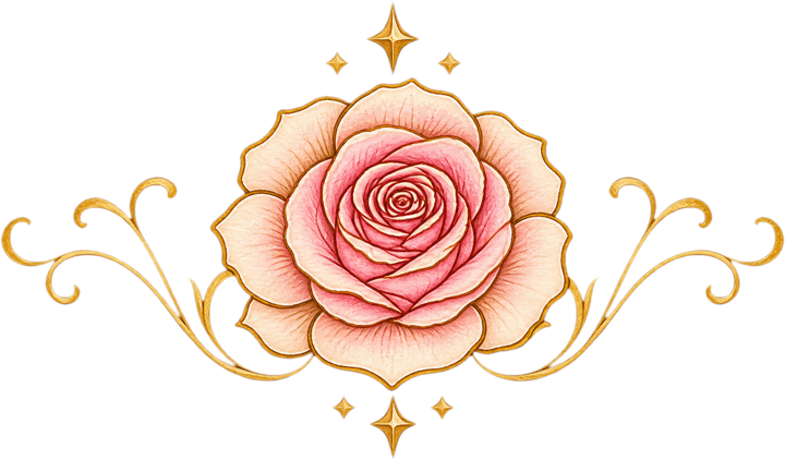 A pink rose with gold flourishes and stars