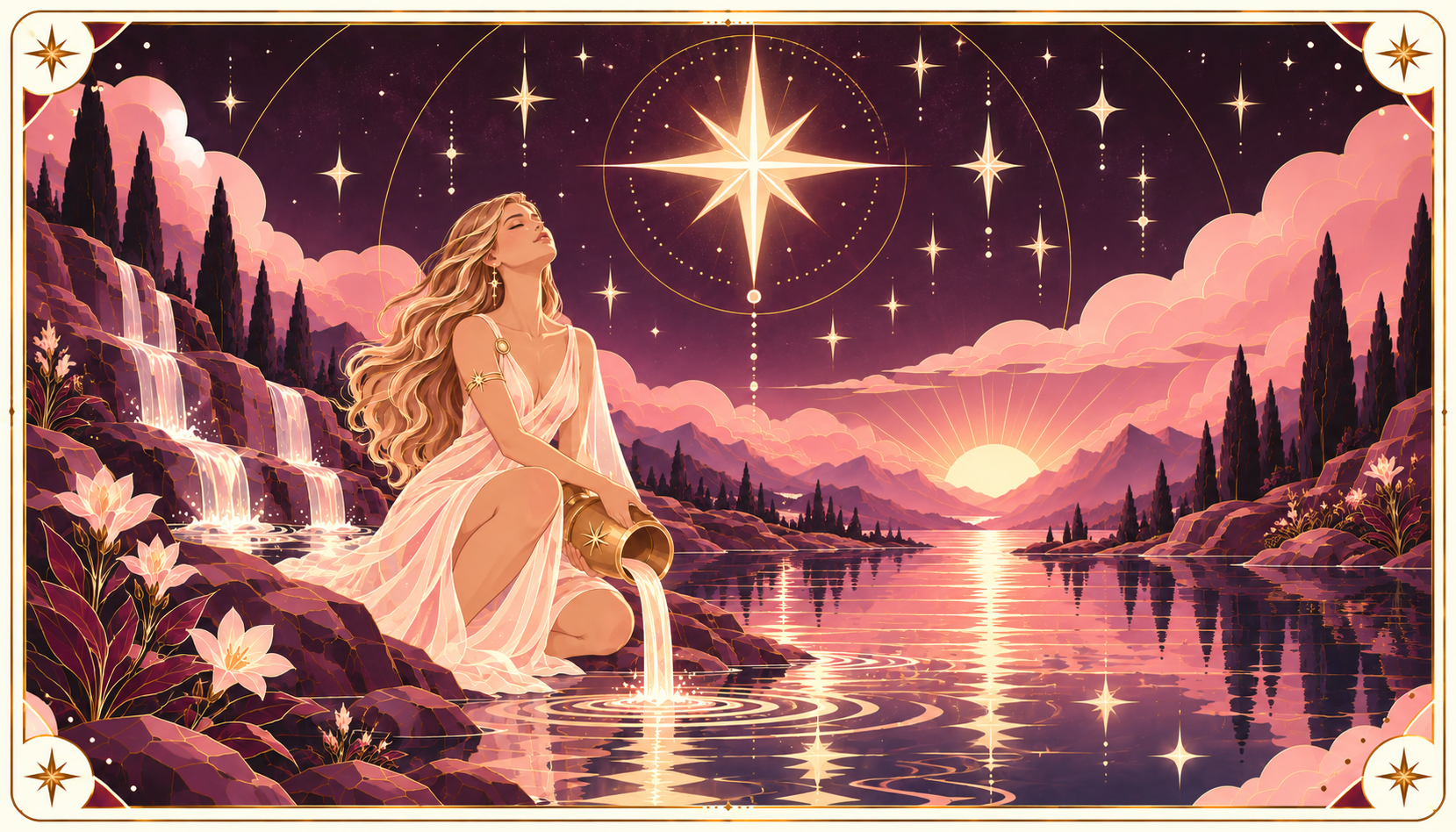 The Remembering, The Star card: a woman pouring water into a lake beneath a great star