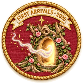 The First Arrivals 2026 badge: a glowing doorway in a rose-covered tree, with a spirit wisp drifting in