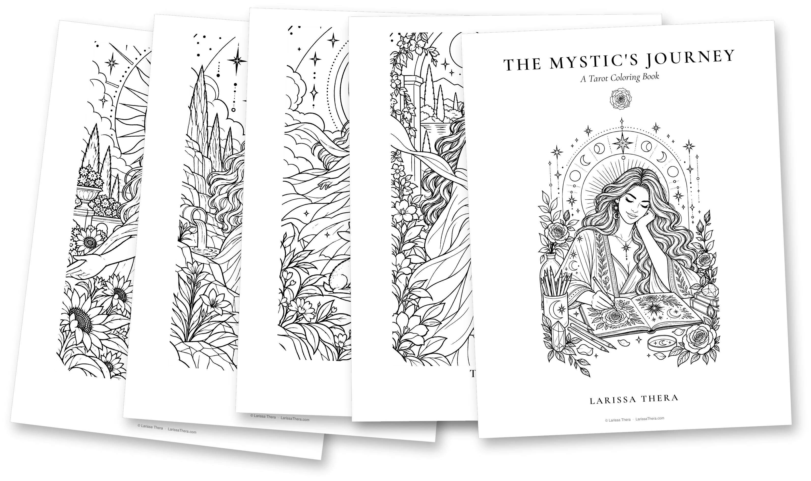 Fanned pages from The Mystic's Journey coloring book, with its cover on top