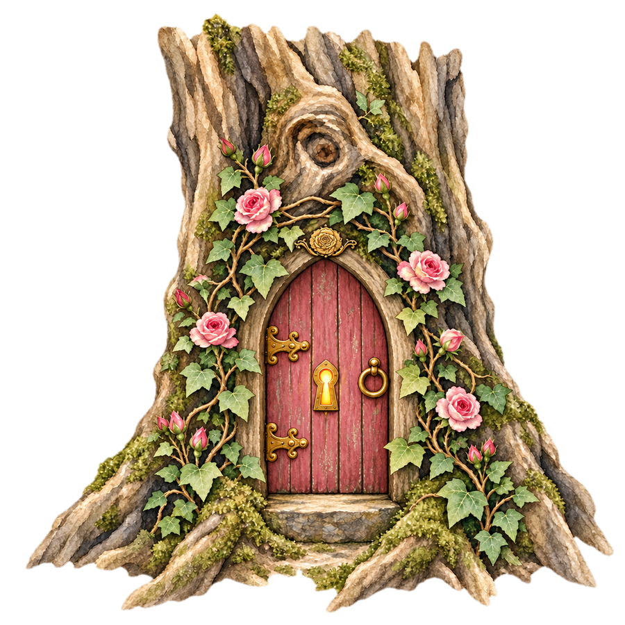 A small arched pink door with a glowing keyhole and a gold rose above it, set into an old tree stump wound with ivy and pink roses, standing in a misty forest clearing