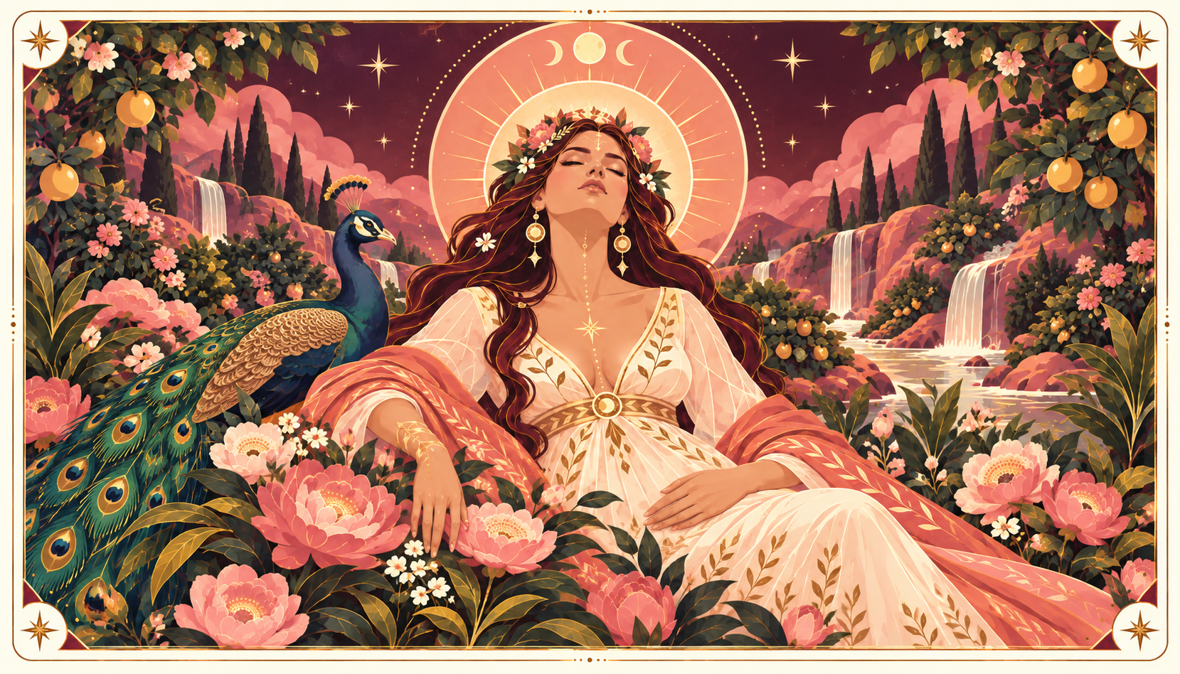 The Creatrix, The Empress card: a woman resting in a garden of roses with a white peacock