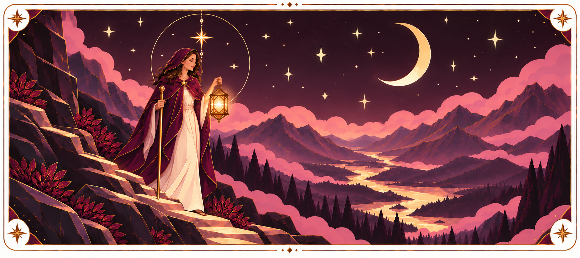 The Inner Authority, The Hermit card: a hooded woman holding a lantern on a mountain path at night
