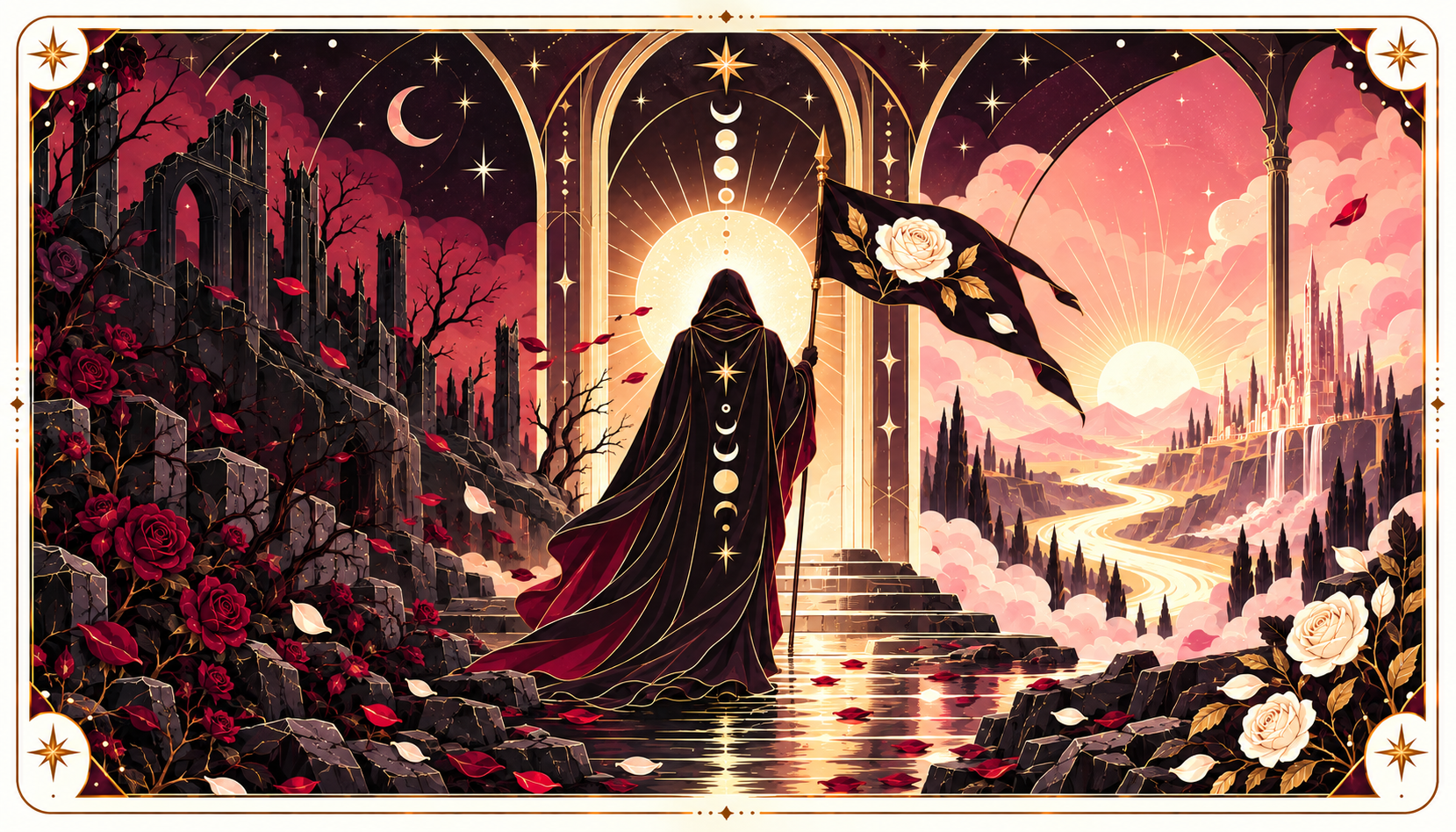 The Crossing, Death card: a cloaked figure walking through an archway toward a sunrise, rose petals falling
