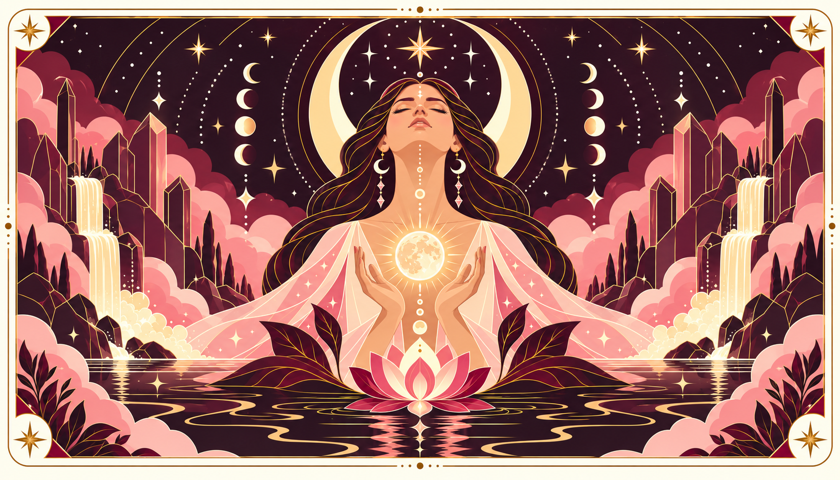 The Receiver, The High Priestess card: a woman with closed eyes holding a glowing moon above a lotus