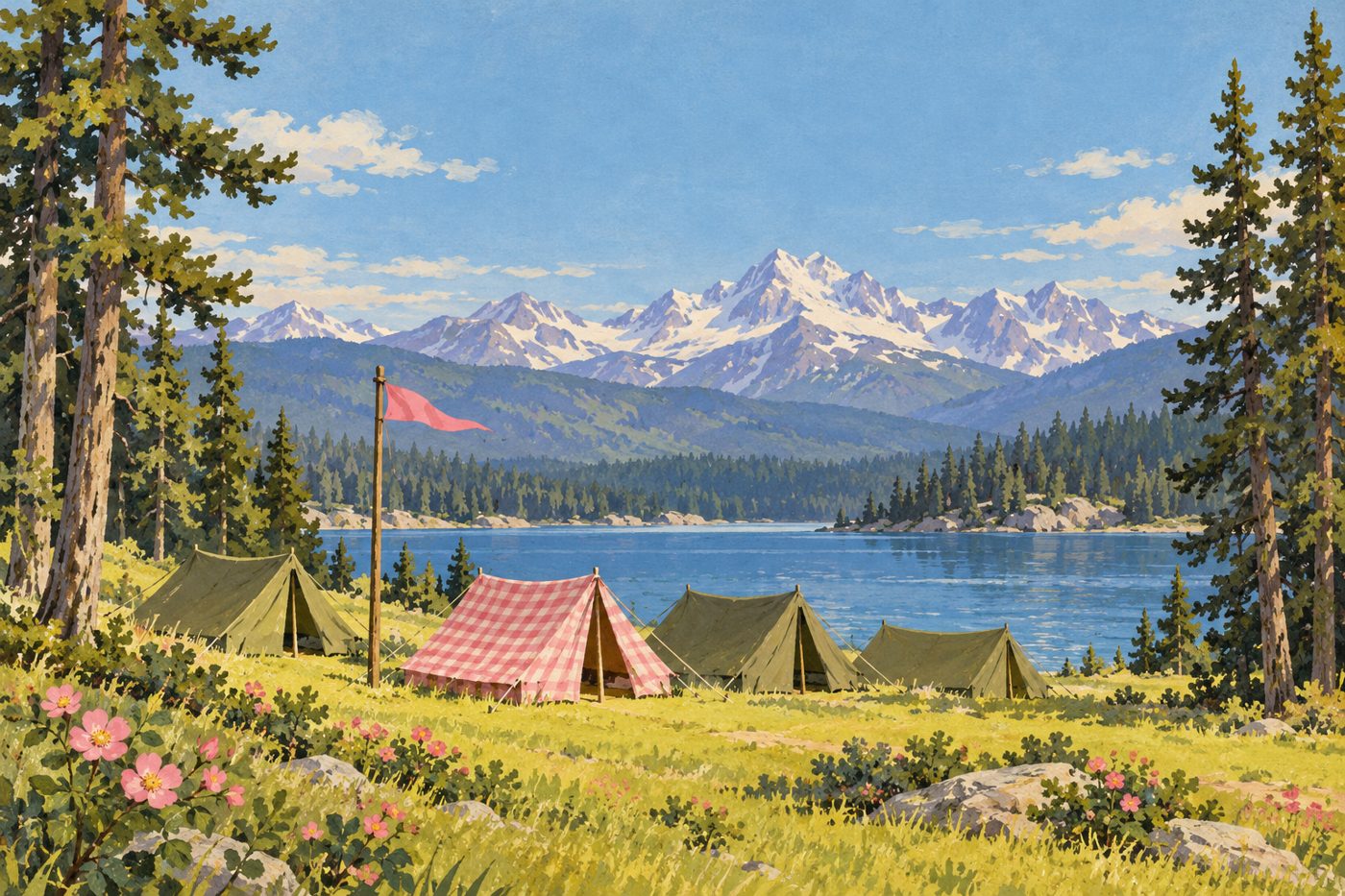 A painted mountain-lake campsite with a pink gingham tent among olive tents and a pink pennant on a flagpole
