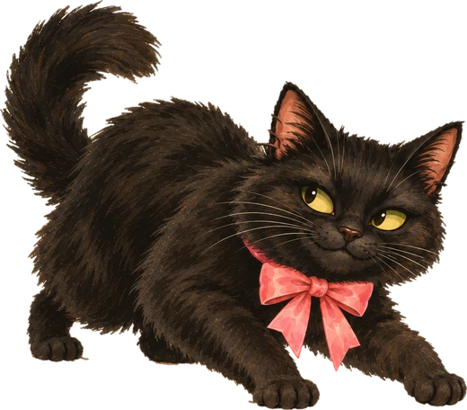 A fluffy black cat in a pink bow crouches playfully in front of the door, guarding it