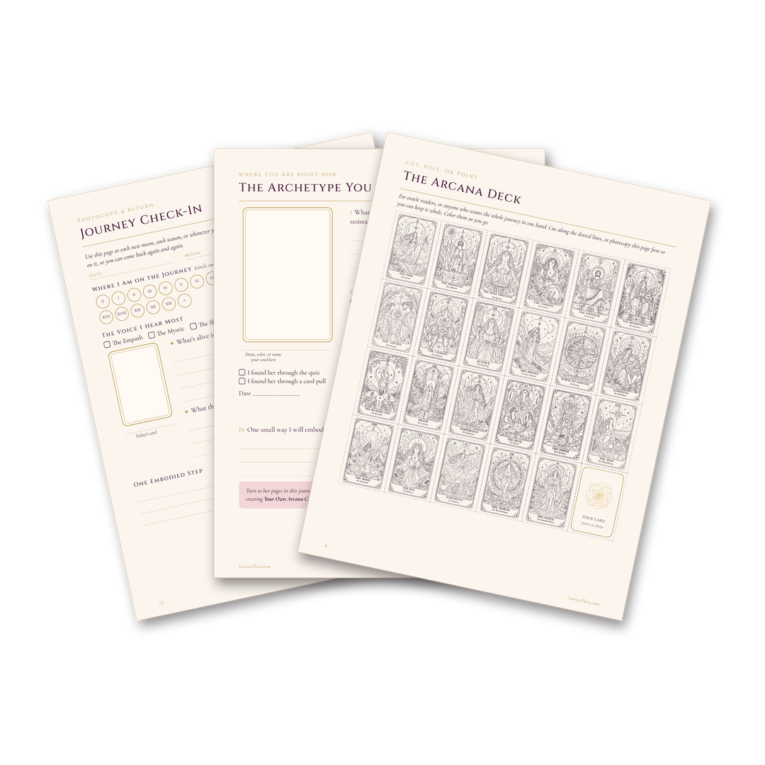 The cut-out Arcana Deck and Journey Check-In pages