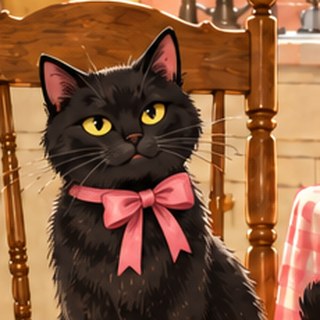 Suzy's black cat with a pink bow, looking very calm