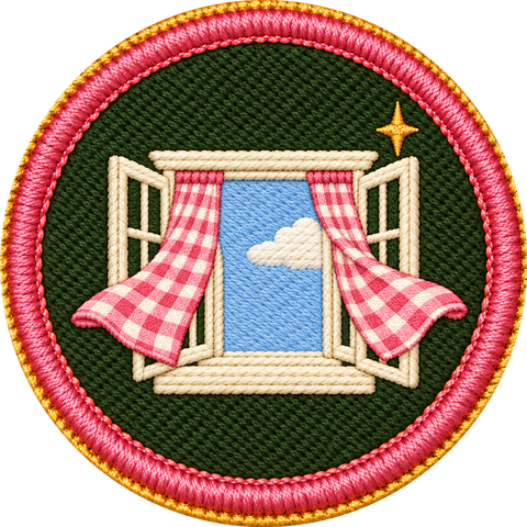 Fresh Air badge: an embroidered patch of an open window with pink gingham curtains blowing