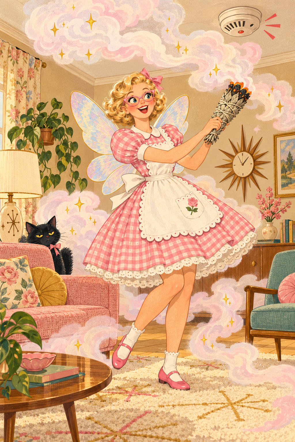 Suzy waving a bundle of sage through her living room while the smoke alarm goes off