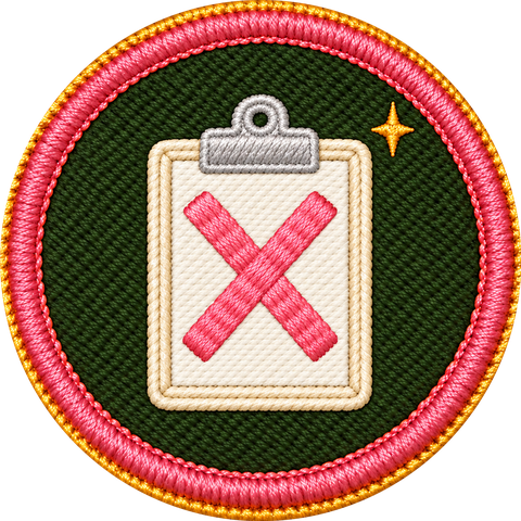 No-Clipboard badge: an embroidered patch of a clipboard crossed out in pink
