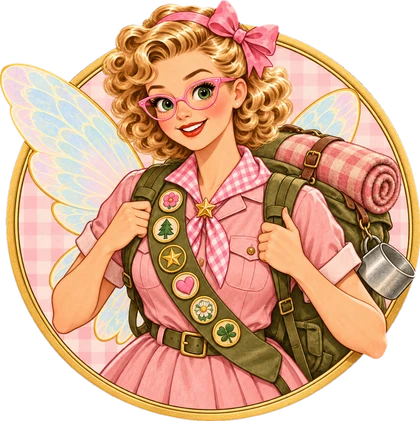 Suzy in her scout uniform with an overpacked backpack, bedroll and tin cup