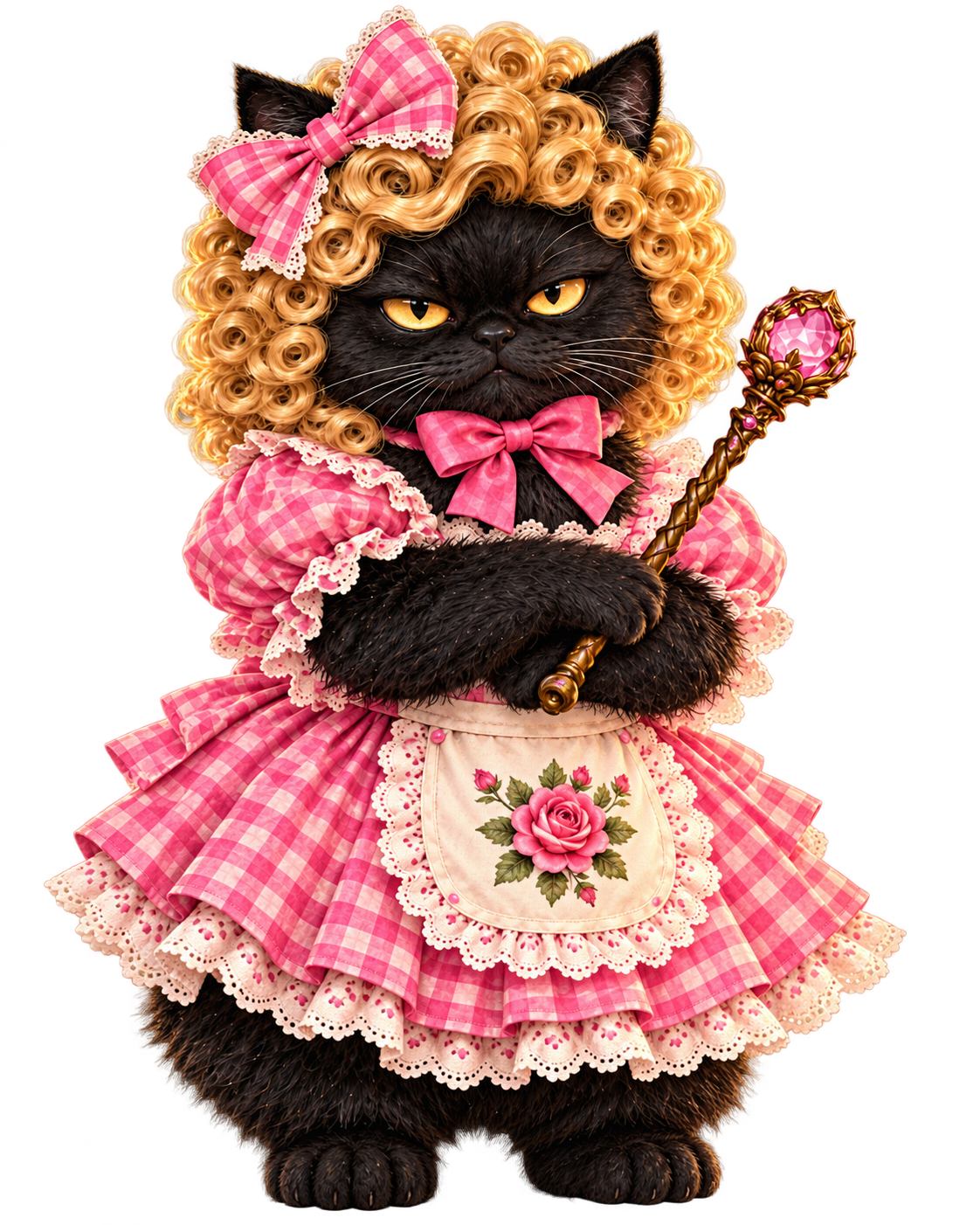The black cat dressed as Suzy for Halloween, in a blonde curly wig, pink gingham dress and apron, arms crossed around a wand, glaring as it guards the door