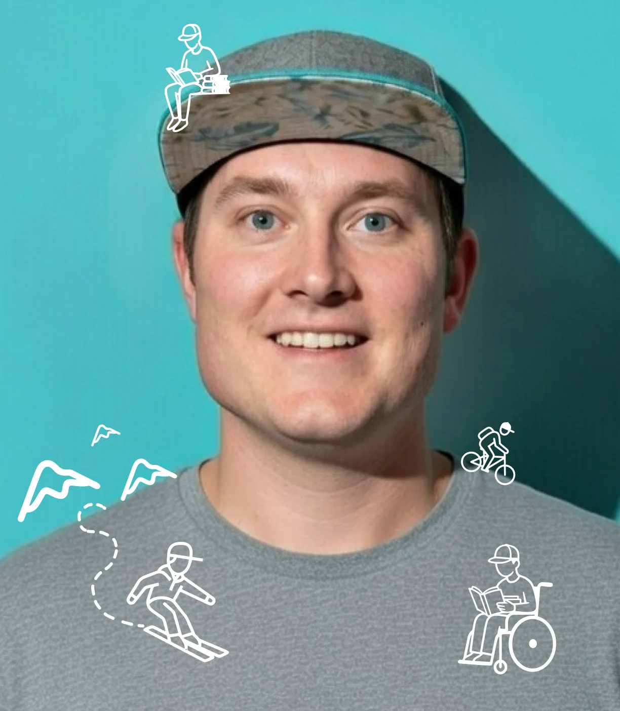 RAD founder with illustrations of skiing, biking and reading