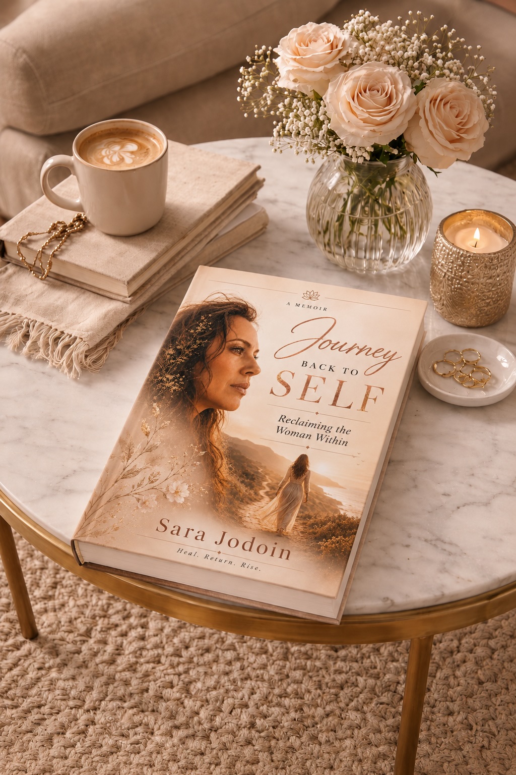 Journey Back to Self book on a table with roses and candle
