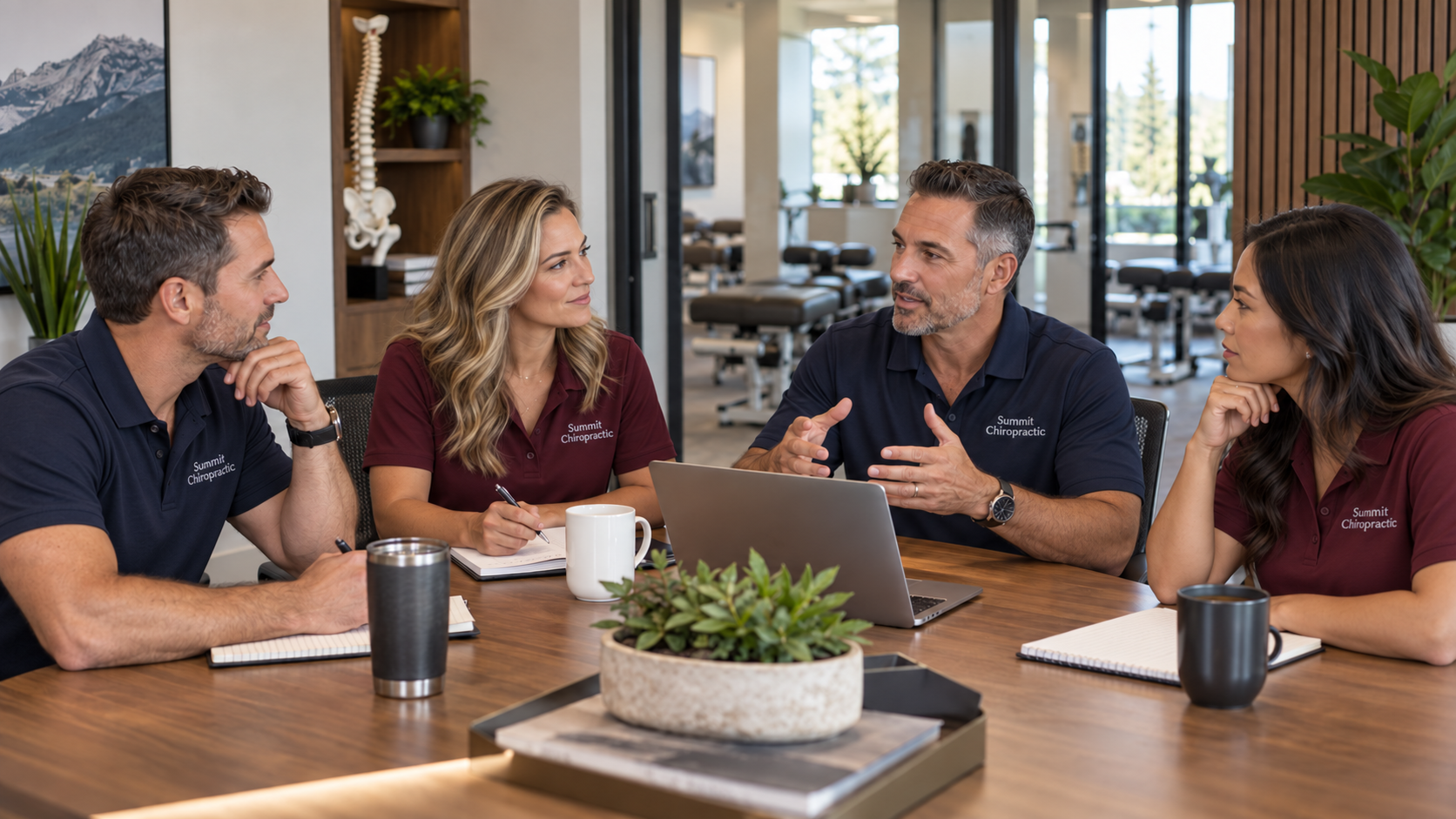 A diverse group of Summit Chiropractic doctors collaborating around a conference table