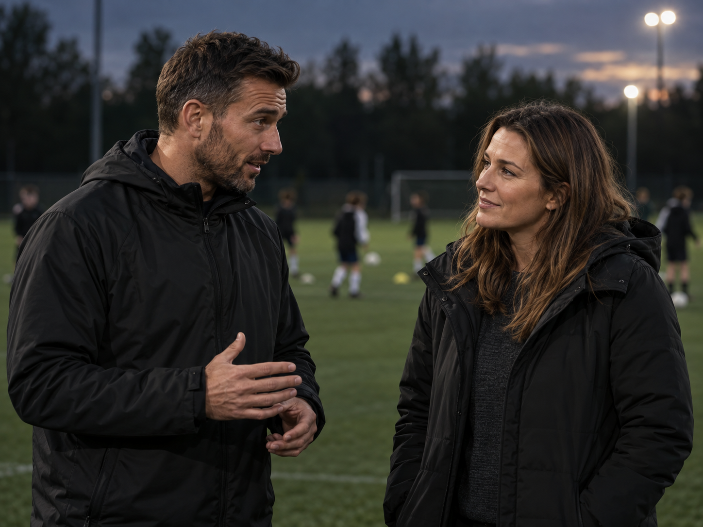 Football coach offering guidance to a parent beside the pitch