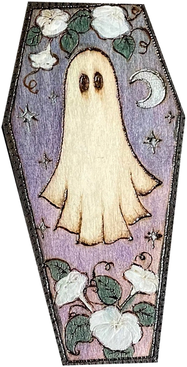 Hand-burned coffin box with a little ghost, moonflowers and a crescent moon