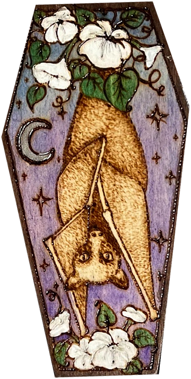 Hand-burned coffin box with a sleeping bat, moonflowers and a crescent moon